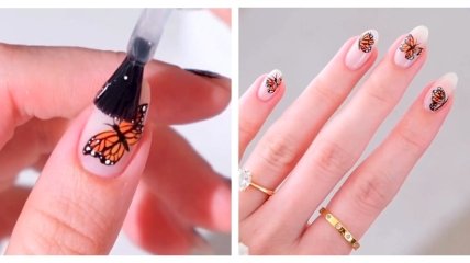 Рисунок бабочки-монарха на ногтях