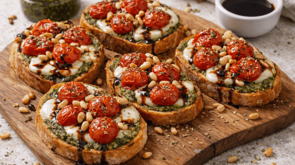 Тосты с песто, моцареллой и томатами