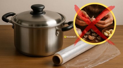 Почистить чеснок можно с помощью кастрюли и пищевой пленки