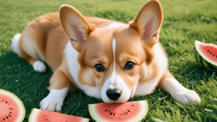Корги защищает арбуз