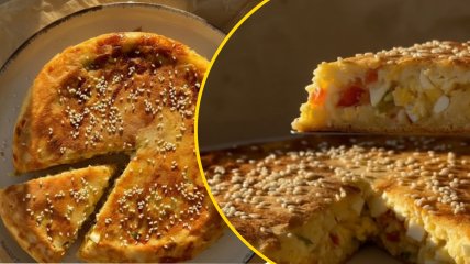 Заливний пиріг з яйцями, сиром та помідором