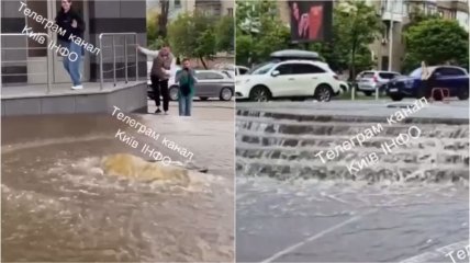 Вода бежит по улице из-за прорыва