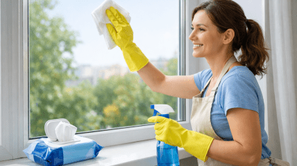 Женщина моет окно