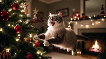 Котики дуже люблять яскраву та блискучу новорічну ялинку в домі