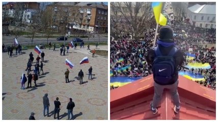 Зліва — проплачена рф акція, справа — мітинг мешканців Нової Каховки за Україну
