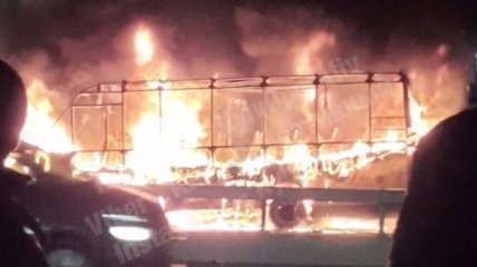 В Киеве вспыхнула и за считанные минуты сгорела маршрутка: видео происшествия