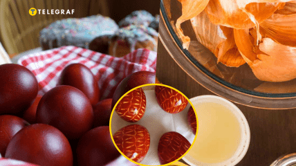 Во время окрашивания яиц можно поэкспериментировать с обычной овощной сеткой