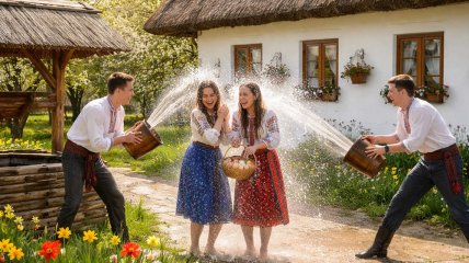 Ребята поливают девушек водой