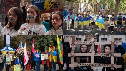 Українці вийшли на вулиці різних міст у 11 країнах, щоб нагадати про стратиу військовополонених у Оленівці. Фотоколаж "Телеграфу".