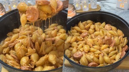 Макарони з соусом та сосисками