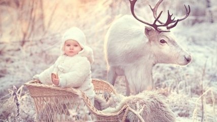 Очаровательные дети и животные в зимнем лесу (Фото)
