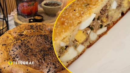 Пиріг із тунцем, яйцями та зеленою цибулею