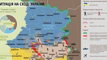 Карта ситуации на Востоке Украины по состоянию на 31 июля 