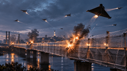 Мост, окруженный сеткой, под атакой "Гераней"