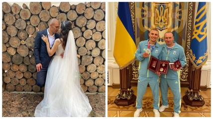 Александр Хижняк с невестой и с отцом на награждении украинских олимпийцев