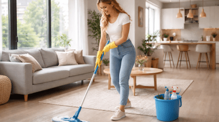 Женщина моет пол