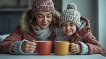 Женщина с ребенком пьют чай