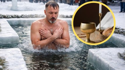 Мужчина купается в проруби