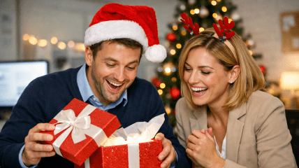 Девушка дарит подарок своему коллеге