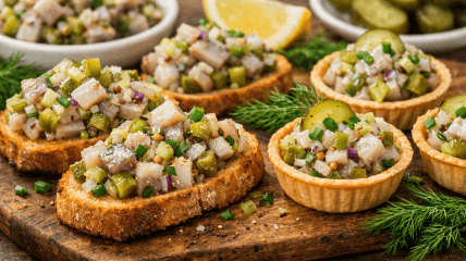Закуска из сельди, маринованных огурцов и горчицы