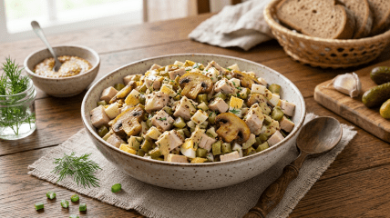 Салат с курицей, шампиньонами и солеными огурцами.