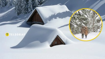 Дома в снегу, мужчина и женщина