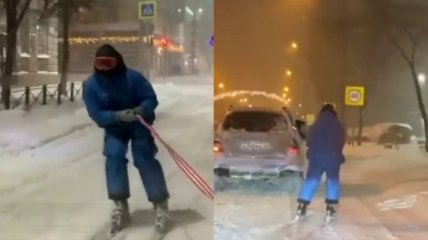 Россиянин "прокатился с ветерком" на лыжах по заснеженным улицам (видео)