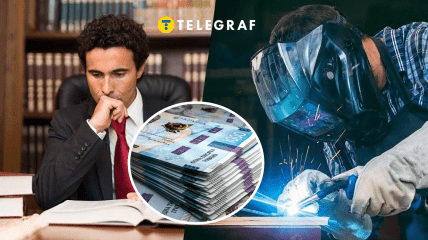 Человек за столом, деньги и сварщик