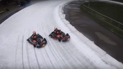 Пилоты F1 Ферстаппен и Гасли посоревновались в картинге на льду (Видео)