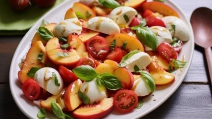 Изысканный салат из персиков, помидоров и сыра