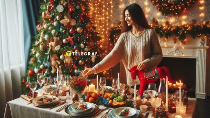 Девушка украшает новогодний стол