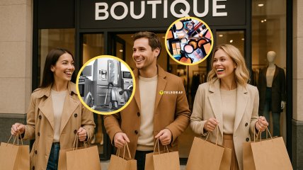 Люди выходят из бутика с покупками