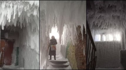 Настоящая ледяная пещера: в России из-за непогоды лед укутал целый подъезд (фото)