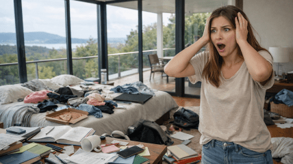 Девушка смотрит на беспорядок дома