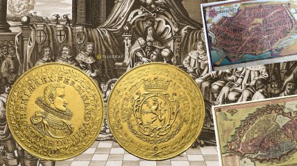 Донативна золота монета 100 дукатів 1629 року. Вага монети – 349 грамів, діаметр – 74 мм