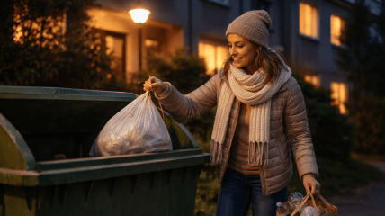Женщина выбрасывает мусор