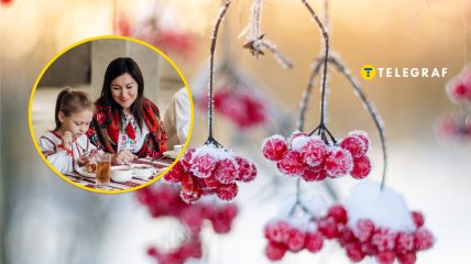 Мама с дочерью за столом, калина