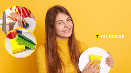 Девушка с тарелкой и мытье посуды