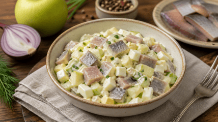 Салат с сельдью, яблоком и яйцом