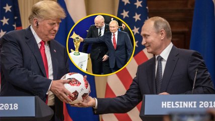 Дональд Трамп и Владимир Путин и президент ФИФА Джанни Инфантино