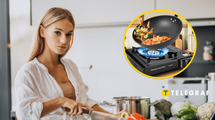 Девушка на кухне и портативная газовая плитка