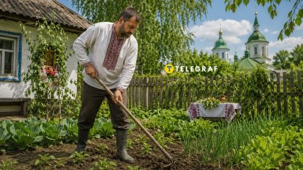 Человек работает на огороде в праздник