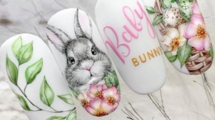 Милый рисунок на ногтях в виде пасхального кролика