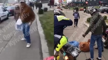 Появилось видео избиения в Киеве мужчины, проучившего мотоциклиста-нарушителя