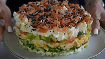 Праздничный салат с красной рыбой и авокадо (видео)