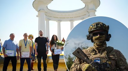 Призери Олімпійських Ігор Олександр Хижняк і веслувальниця Людмила Лузан (з медалями) в Полтаві