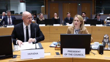 Денис Шмыгаль и Кая Каллас во время встречи в Брюсселе