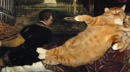 Смешная подборка картинок из серии: "Вторжение кота в шедевры мировой живописи" 