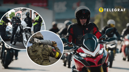 Мотоциклисты, военный и полиция