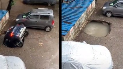 В Индии на ровном месте разверзлась пропасть и "поглотила" автомобиль: видео стало вирусным в сети 